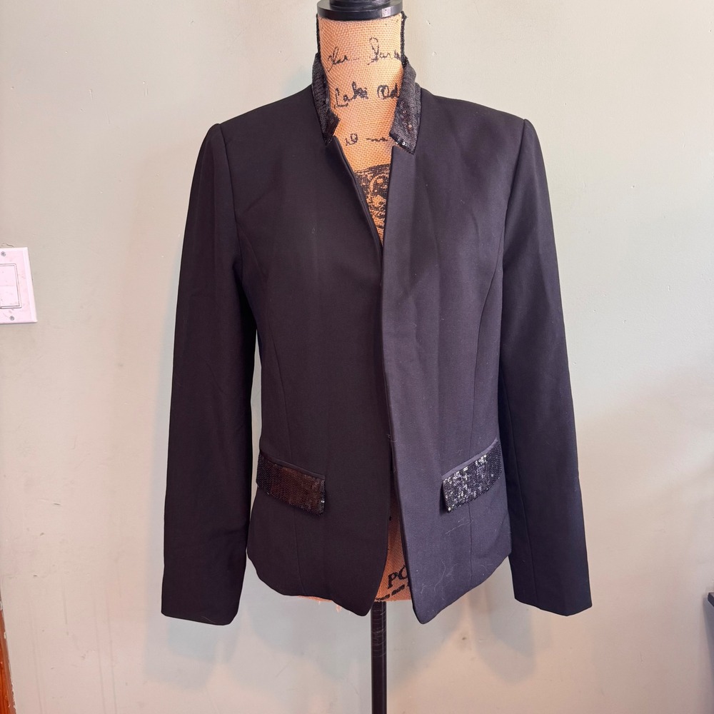 Forever 21 Womens Black Sequin Trim Open Front Blazer Jacket Large